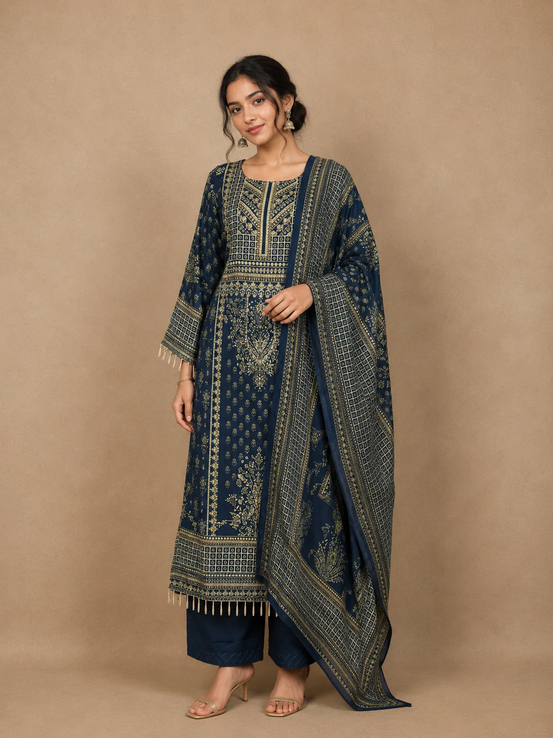 Navy Blue Floral Print Rayon Straight Cut Salwar Suit